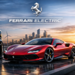 Ferrari electric car 2026 concept charging in a modern city skyline with renewable energy backdrop